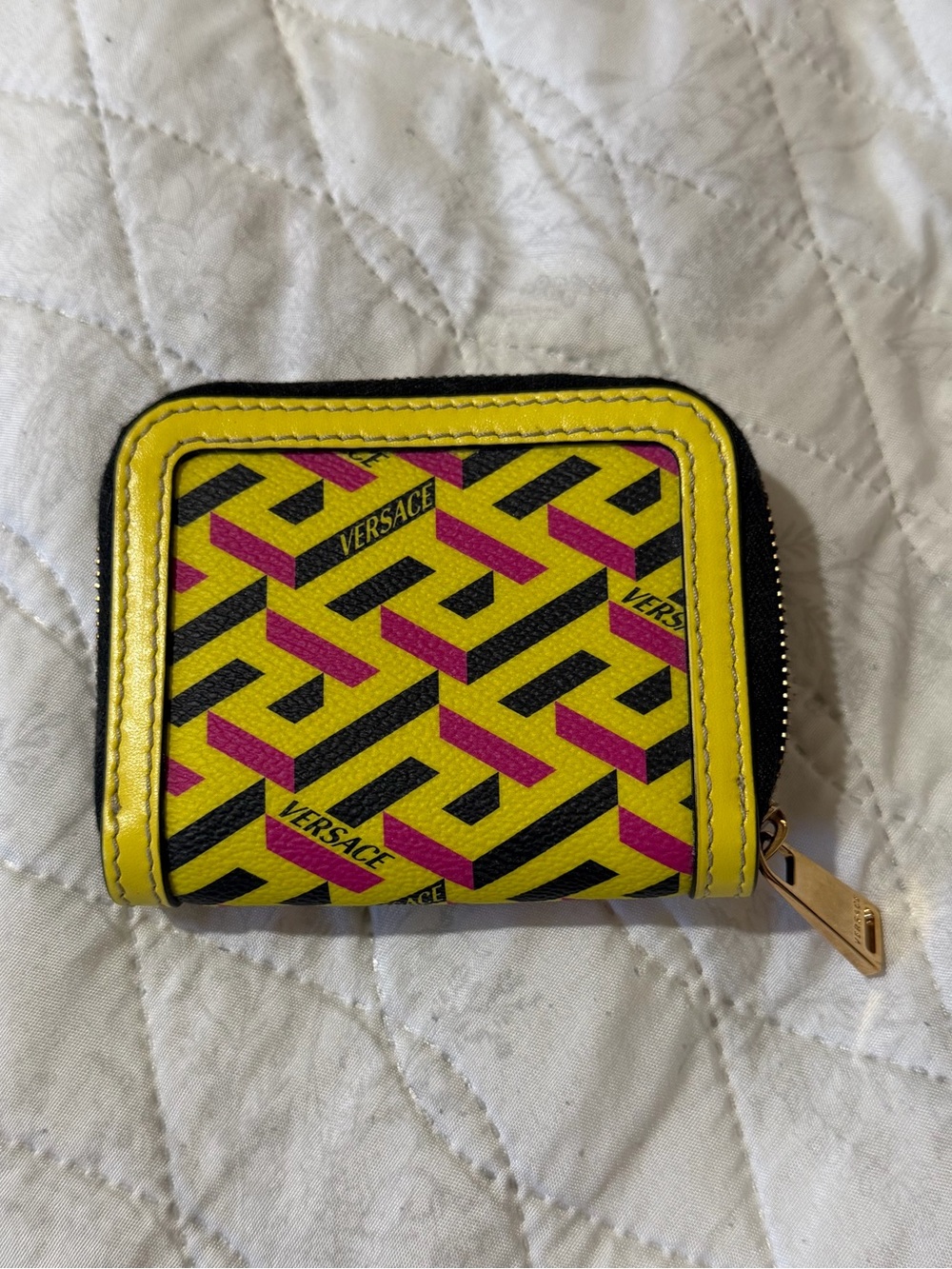 Versace Yellow Black Pink Greca Zip Card Holder
